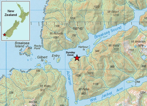 Map showing location of Sunday Cove in Fiordland